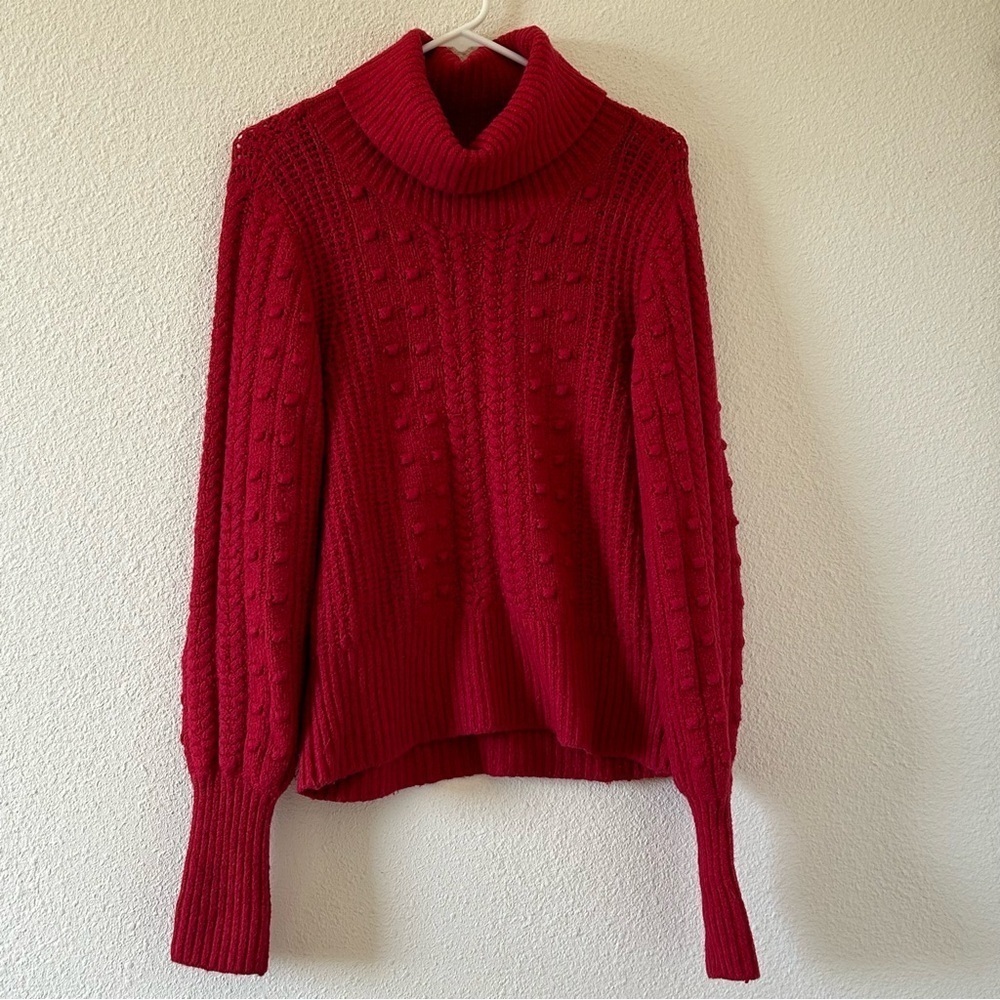 Rachel Parcell Knit Turtleneck Sweater Small Women’s Red Puff Sleeve 3D Polkadot